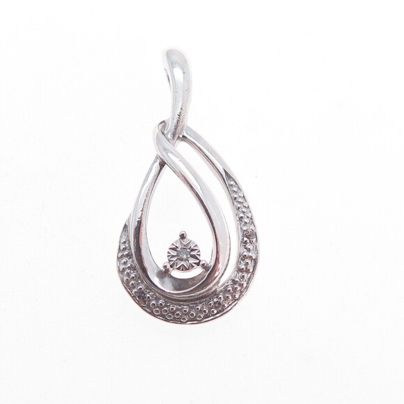 925 Sterling Silver Real Round-Cut Diamond Teardrop Charm Pendant - Picture 5 of 7